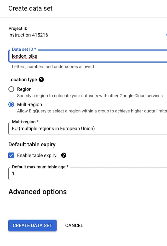create a dataset in bigquery